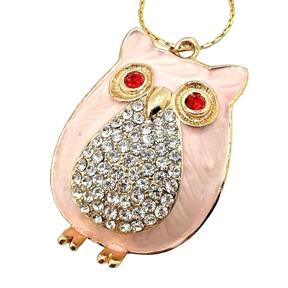 Vintage 80s Large Rhinestone Owl Pendant Necklace Pink Enamel Red Eyes Crystals